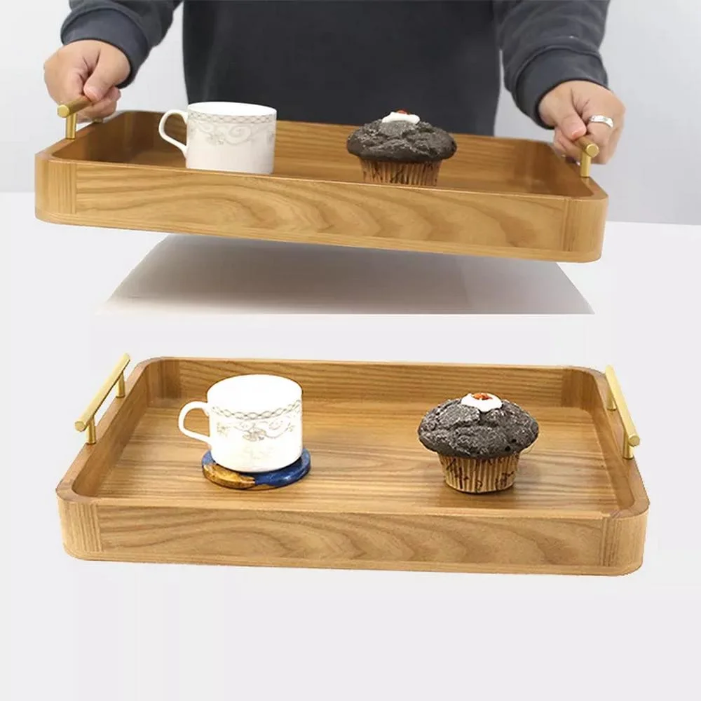 Custom Ash Wooden Serving Tray with Metal Handles for Breakfast Coffee Food Cake