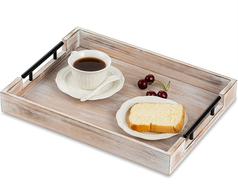 Wooden/Wood Serving Tray with Metal Handles for Drinks/Coffee/Tea/Food/Bread