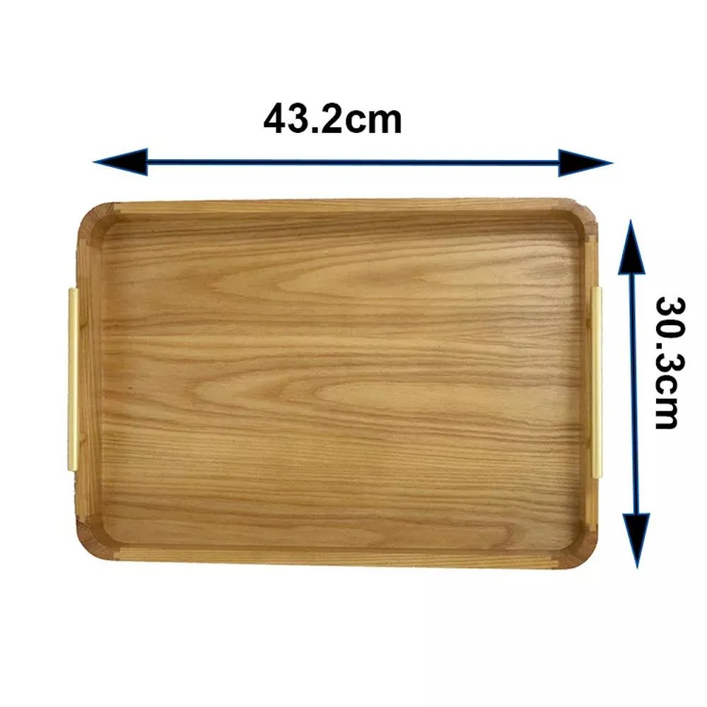 Custom Ash Wooden Serving Tray with Metal Handles for Breakfast Coffee Food Cake