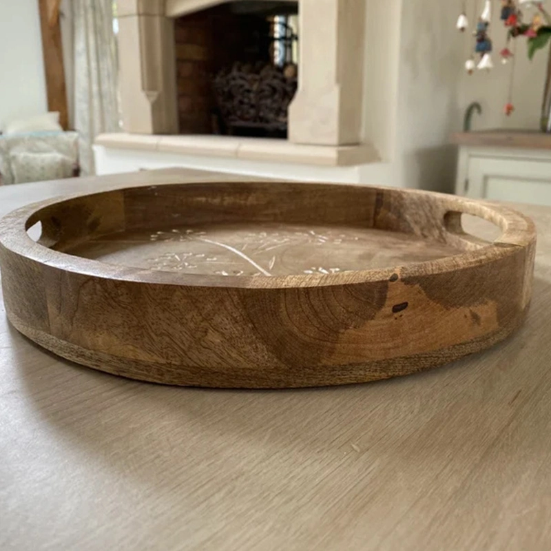 Wooden/Wood Round Serving Plate/Tray with Dandelion Pattern for Cakes/Coffee/Tea/Drinks/Food/Plants