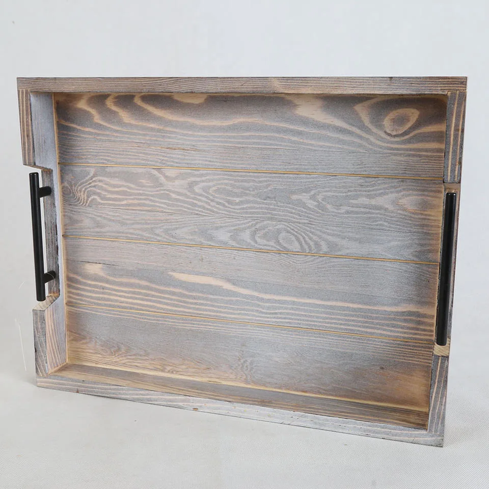 Eco-Friendly Wooden/Wood Serving Tray with Metal Handles for Coffee/Wine/Drinks/Food/Breakfast