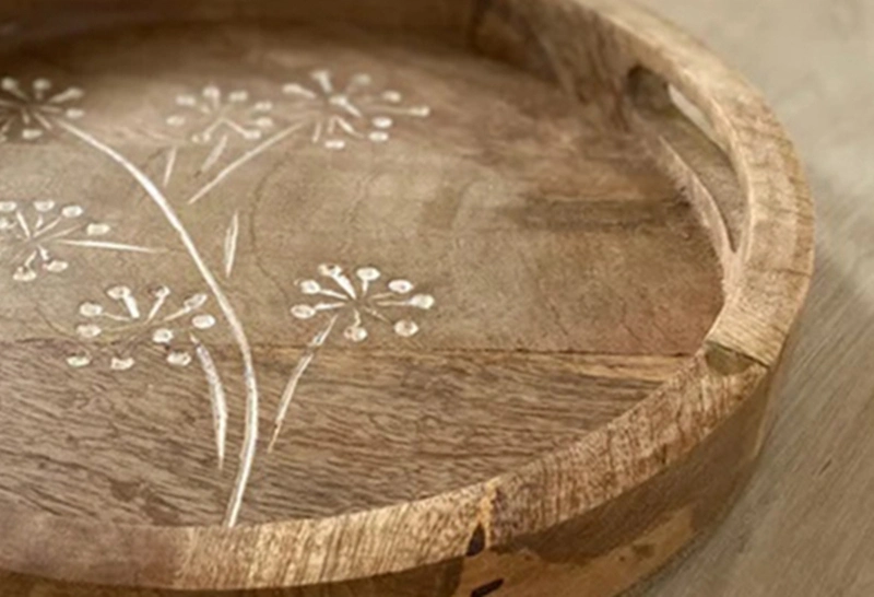 Wooden/Wood Round Serving Plate/Tray with Dandelion Pattern for Cakes/Coffee/Tea/Drinks/Food/Plants