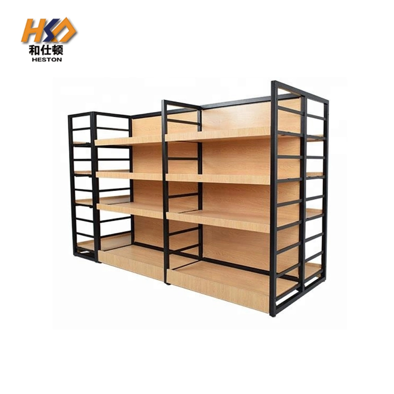 Wood Color Metal Cabinet Display Shelf Wall Supermarket Shelf with Light Box