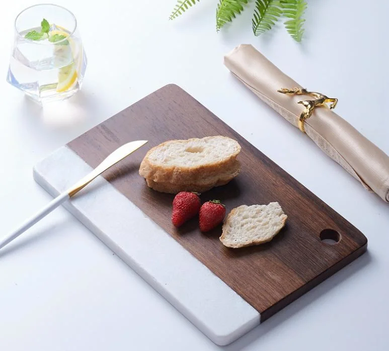 Japanese Simple Style Wood Mix Marble Handicrafts Marble Bread Plate Western Food Set up Marble Tray Marble Fruit Plate for Home/Hotel/Cafe