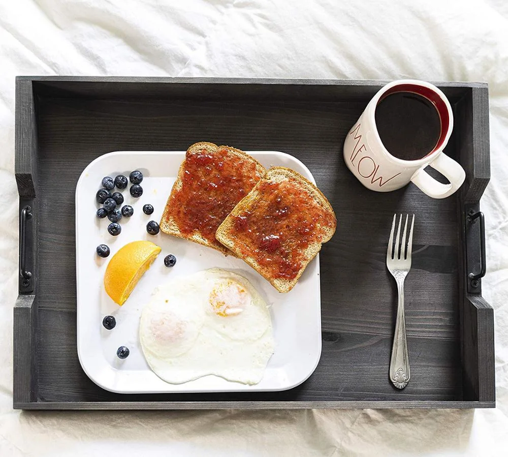 Modern Rustic Wood/Wooden Serving Tray with Metal Handles for Food/Tea/Coffee/Souvenir Storage