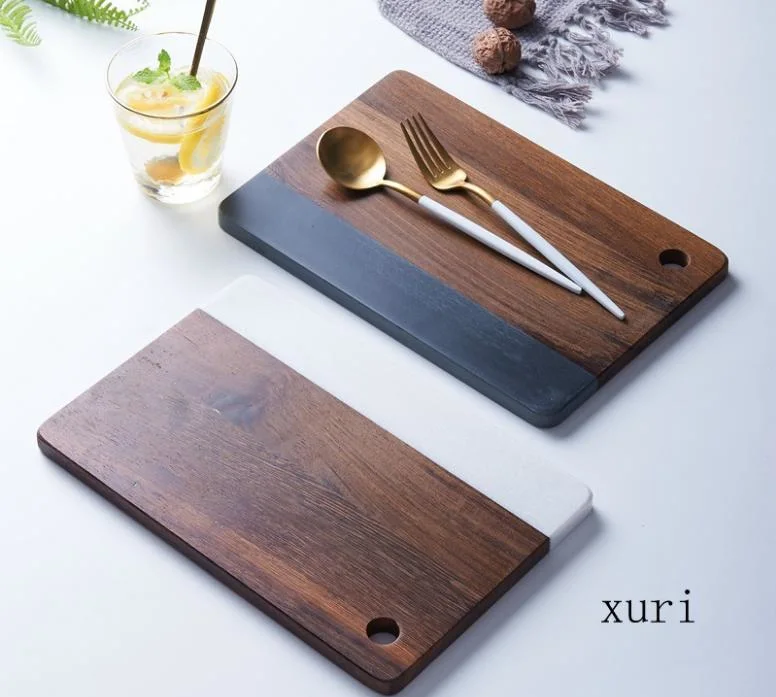 Japanese Simple Style Wood Mix Marble Handicrafts Marble Bread Plate Western Food Set up Marble Tray Marble Fruit Plate for Home/Hotel/Cafe