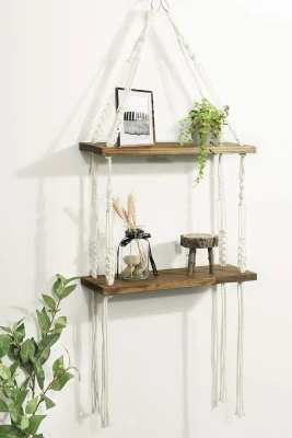 Woven Hanger 2 Tier Rope Macrame Hanging Shelves Rustic Wood Wall Shelves with Handmade