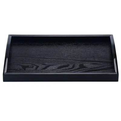 Cheap Food Grade Black Rectangle Breakfast Wooden Serving Food Tray with Handles